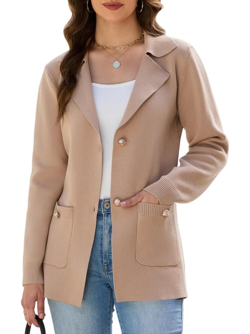 Chic Women's Open Front Sweater Blazer - Casual Long Sleeve Work Jacket with